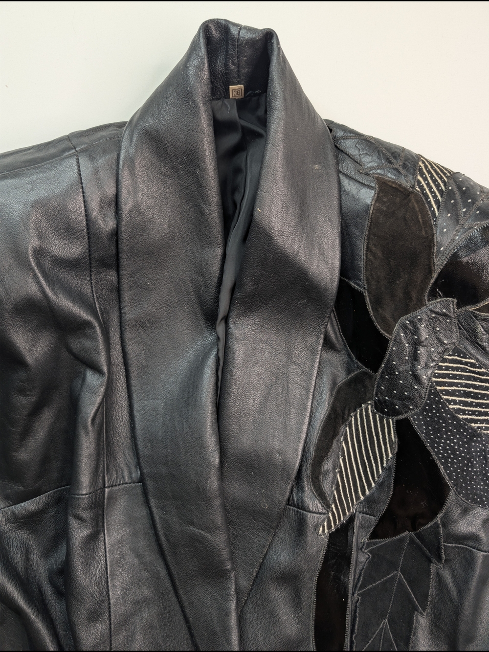 Vintage Black Women's Leather Button-Front Jacket with Embellished Shoulder - Picture 5 of 8